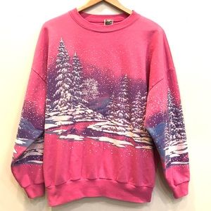💖Vintage 90’s Oversized Winter Scene Pink Sweatshirt💗